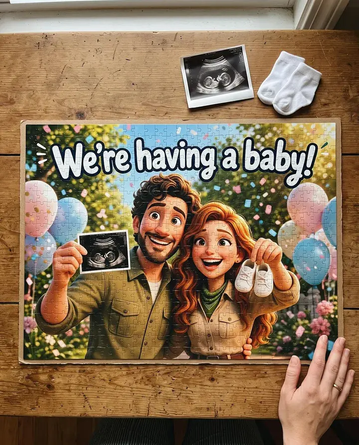 A finished puzzle reading: We're having a baby! next to an ultrasound photo and baby socks