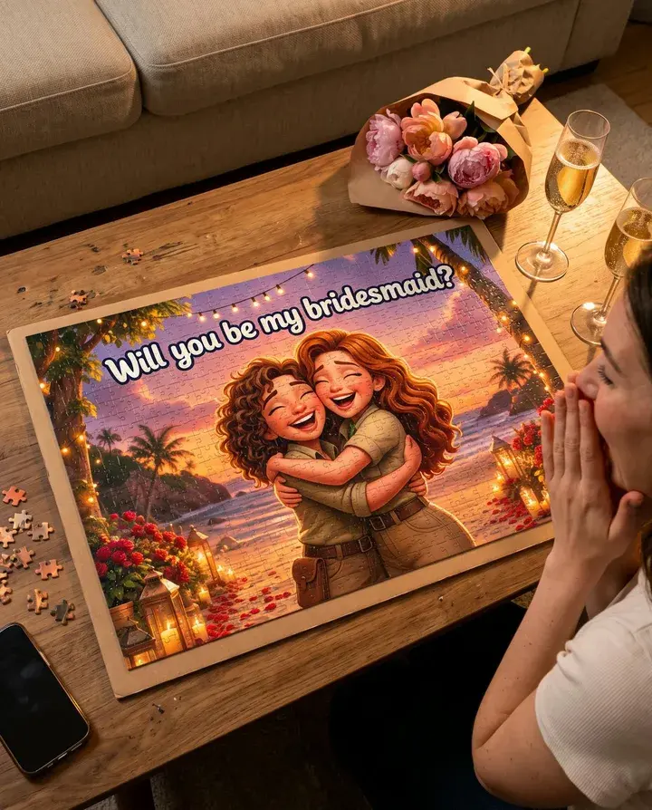 Two best friends hugging on a finished puzzle reading: Will you be my bridesmaid? with peonies and champagne