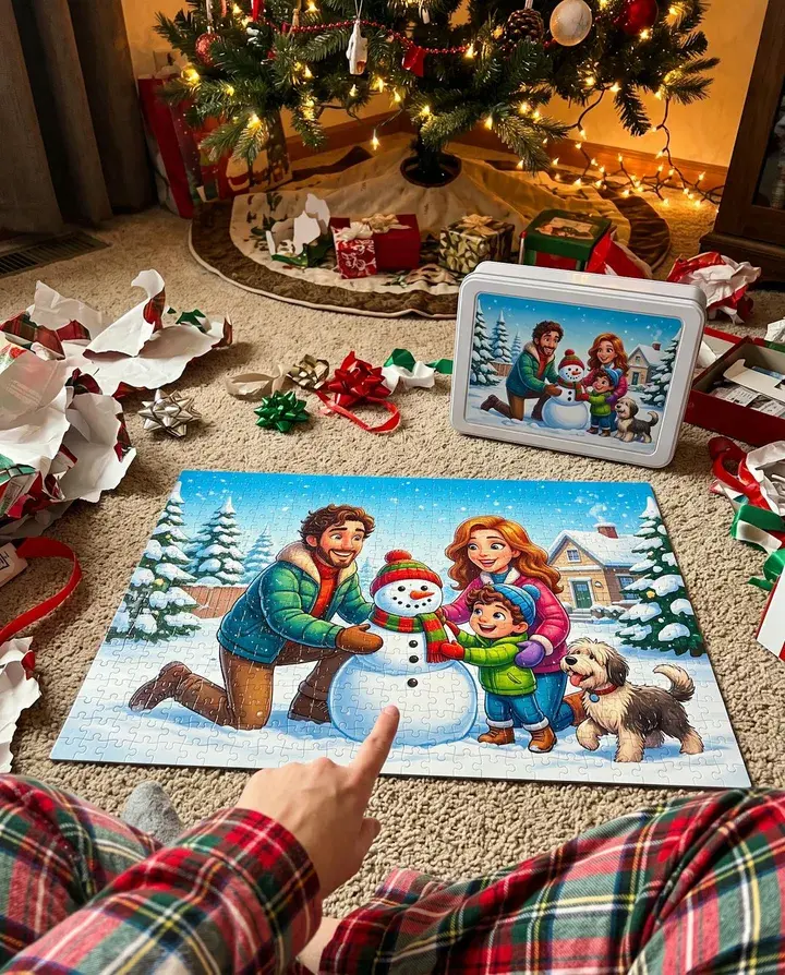 A finished cartoon puzzle of the family building a snowman, under the Christmas tree beside its gift tin