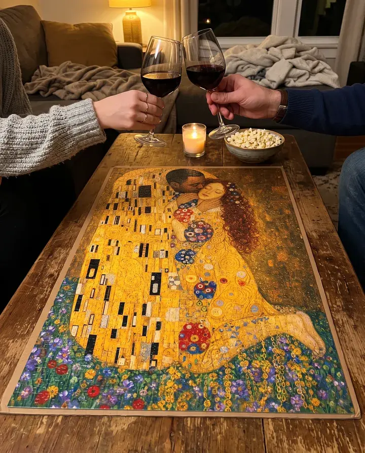 Two glasses of red wine clinking over a finished puzzle of a couple painted in gold as Klimt's The Kiss, with a candle and popcorn