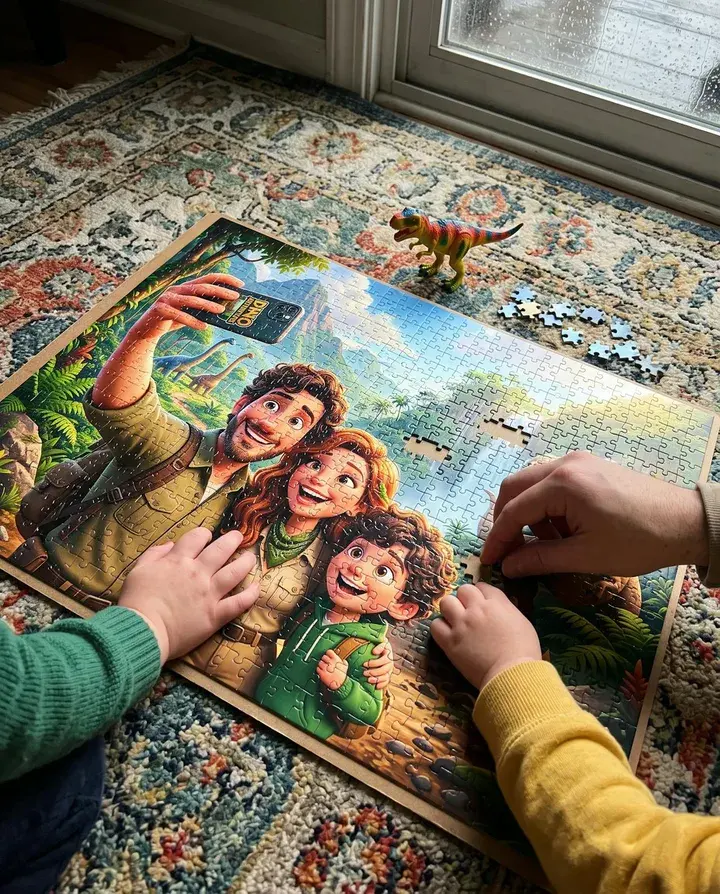Kids' hands and a parent's hand placing the last pieces of a cartoon puzzle of the family taking a selfie with a T-rex