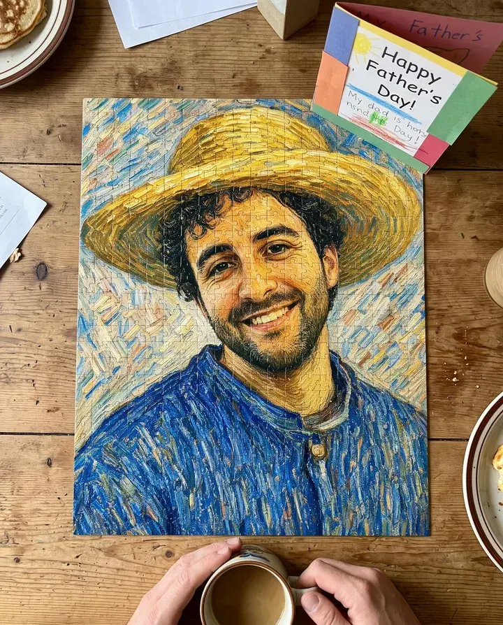 A finished puzzle of Dad painted as a Van Gogh self-portrait, with a coffee mug and a Father's Day card