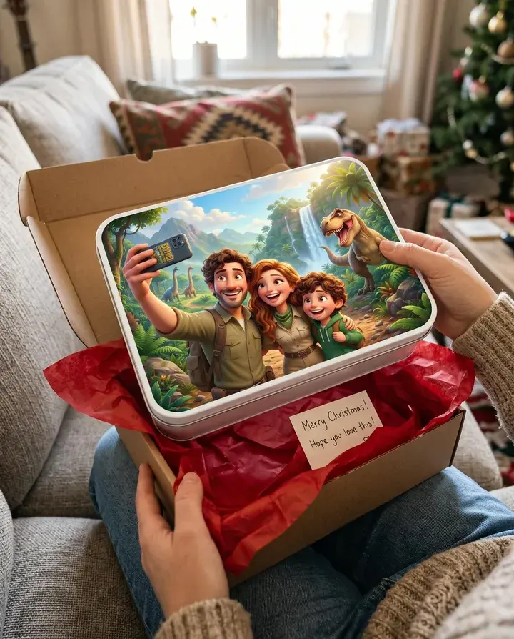 A puzzle tin printed with the family's dinosaur adventure, lifted out of a gift box on someone's lap