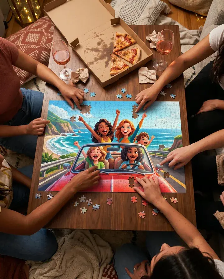 Friends' hands over a cartoon puzzle of them on a convertible road trip, with pizza and rosé
