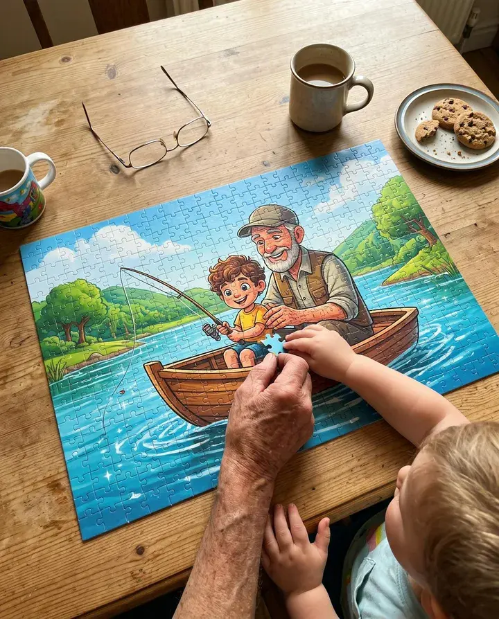 A grandfather's hand and a child's hand fitting a piece into a cartoon puzzle of the two of them fishing from a boat