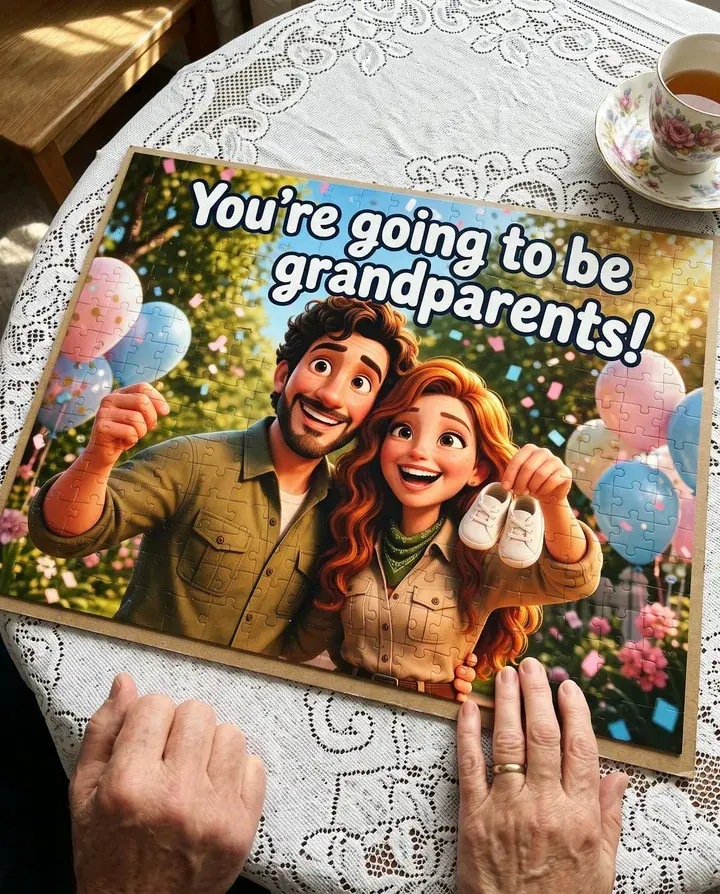 Grandparents' hands on a finished puzzle reading: You're going to be grandparents! on a lace tablecloth