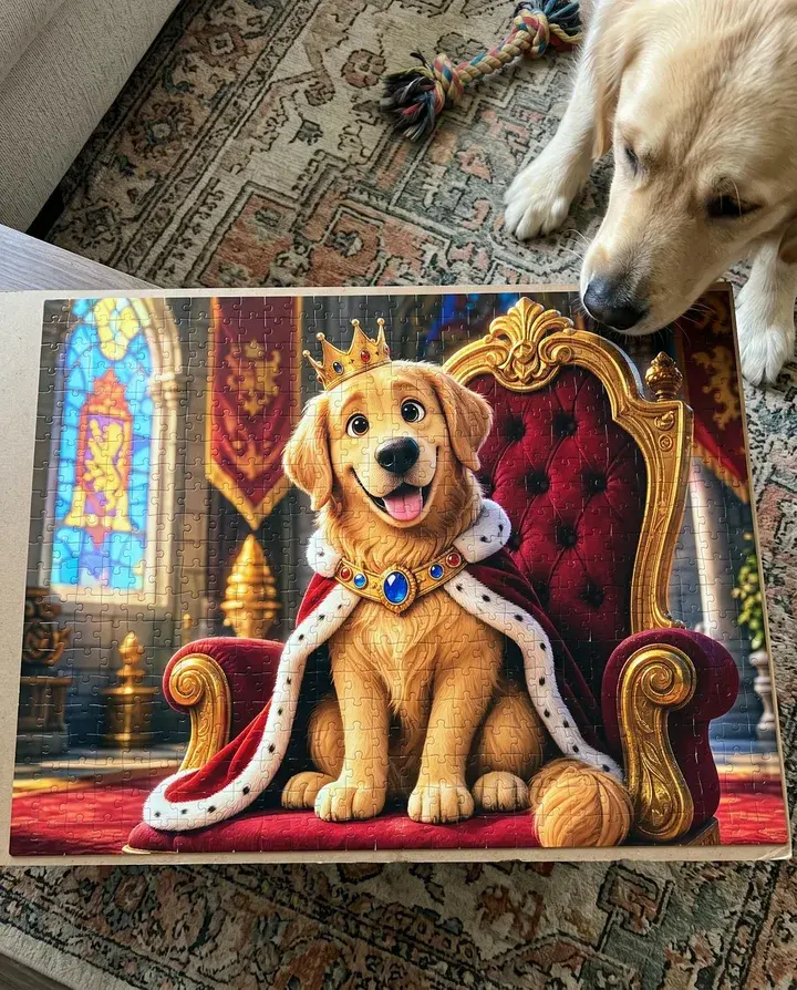 A golden retriever's paws and nose next to a puzzle of him dressed as a king