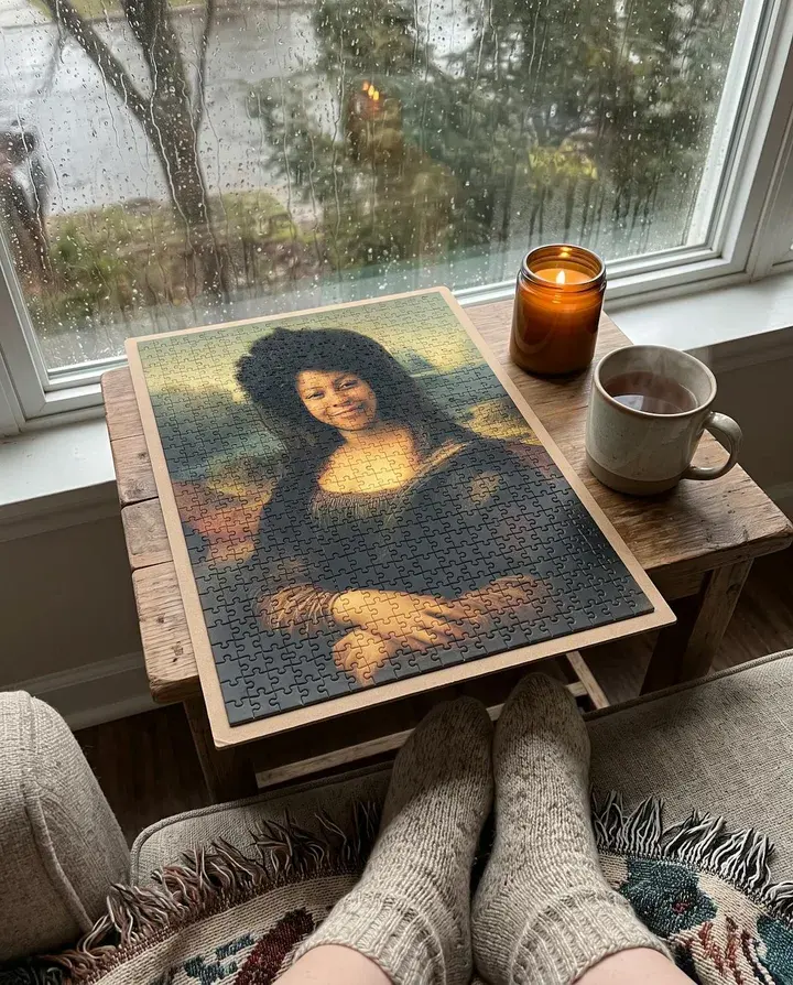 A finished puzzle of a woman painted as the Mona Lisa by a rainy window, with a mug of tea, a candle and cozy socks