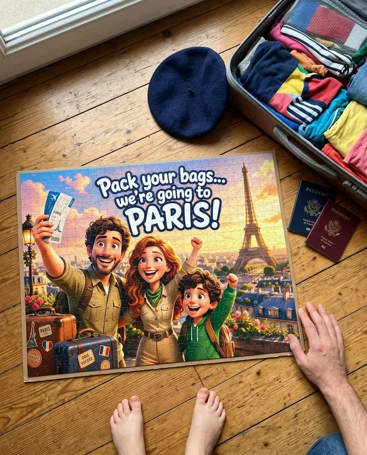 A finished puzzle reading: Pack your bags... we're going to Paris! on the floor beside a suitcase, passports and a beret