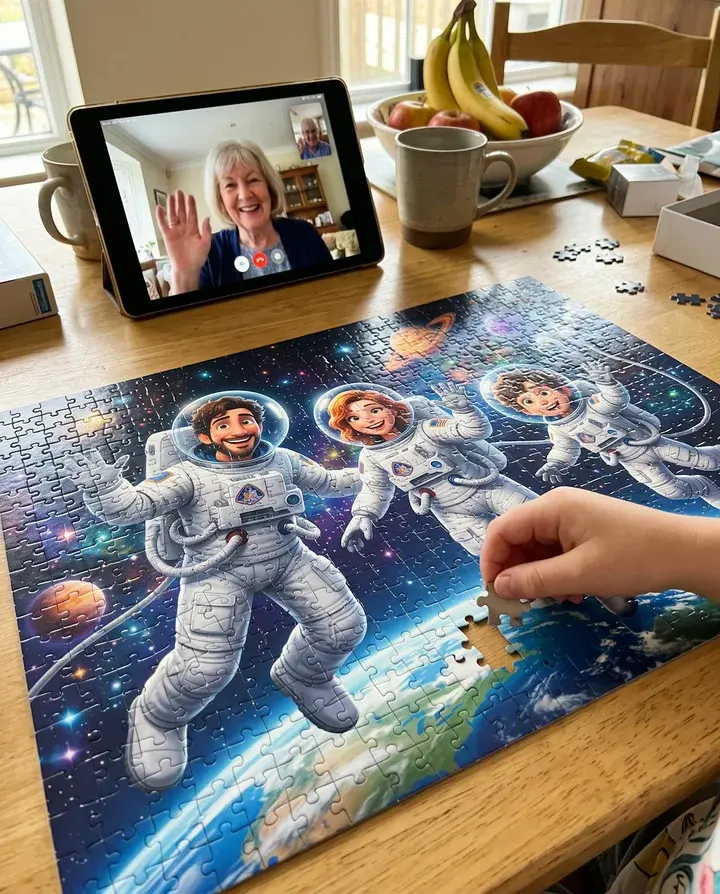 A child placing the last piece of a puzzle of the family as astronauts while Nana waves on a video call