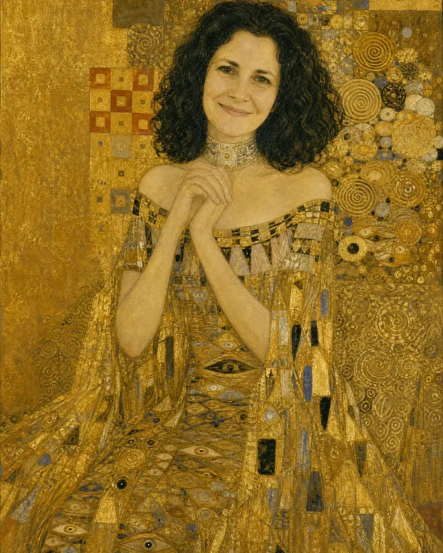 A woman painted in gold as Klimt's Portrait of Adele Bloch-Bauer I