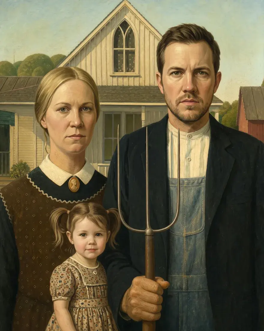 A young mom, dad and their little daughter painted as American Gothic, pitchfork and all