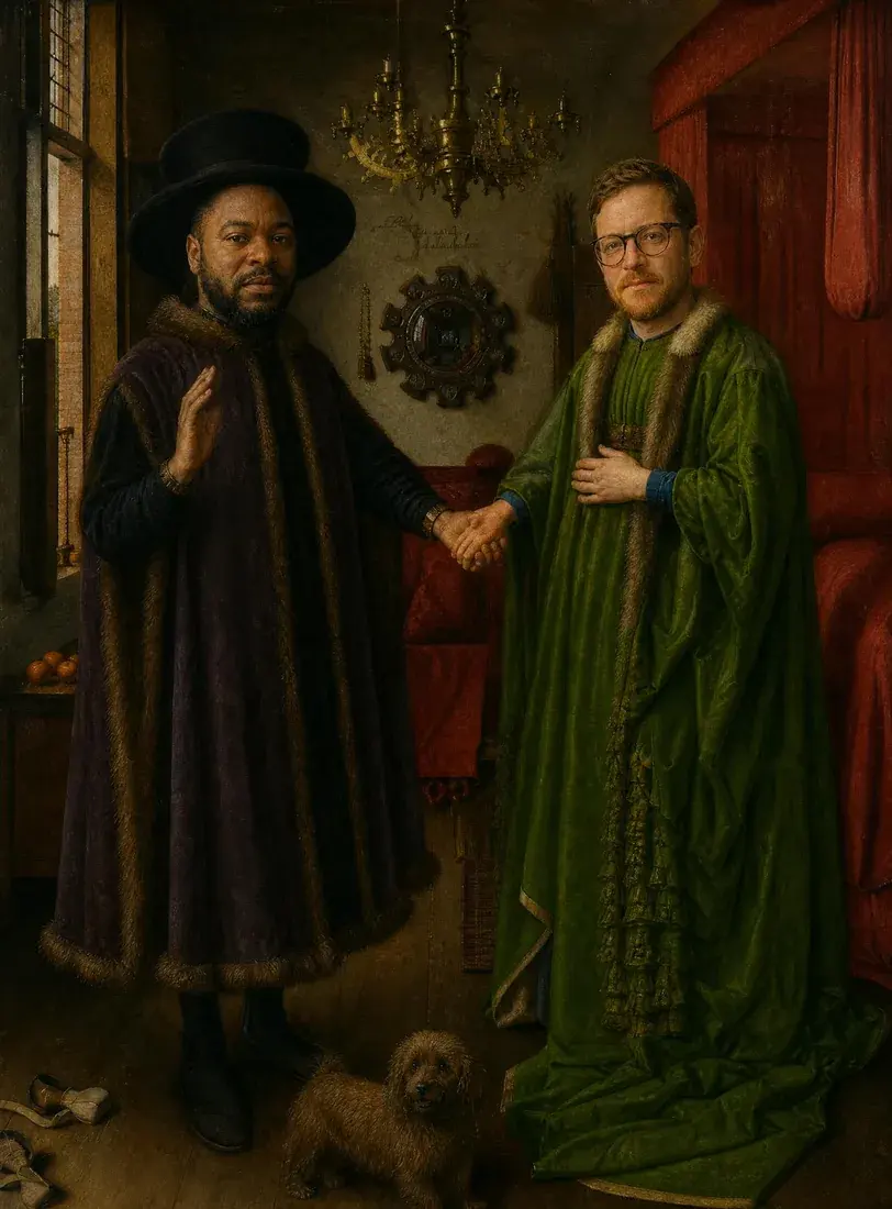 A married couple painted as The Arnolfini Portrait