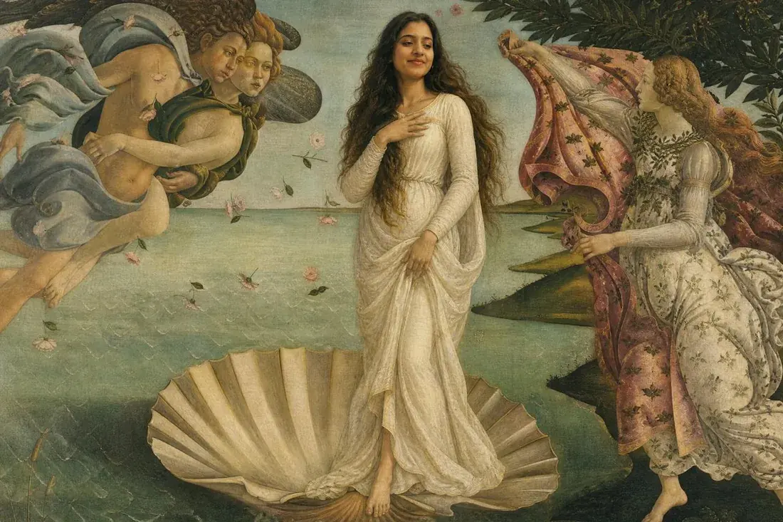 A young woman painted as Venus on her scallop shell in The Birth of Venus