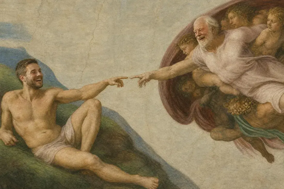 A grandpa and his grown-up grandson reaching fingertip to fingertip, painted as The Creation of Adam