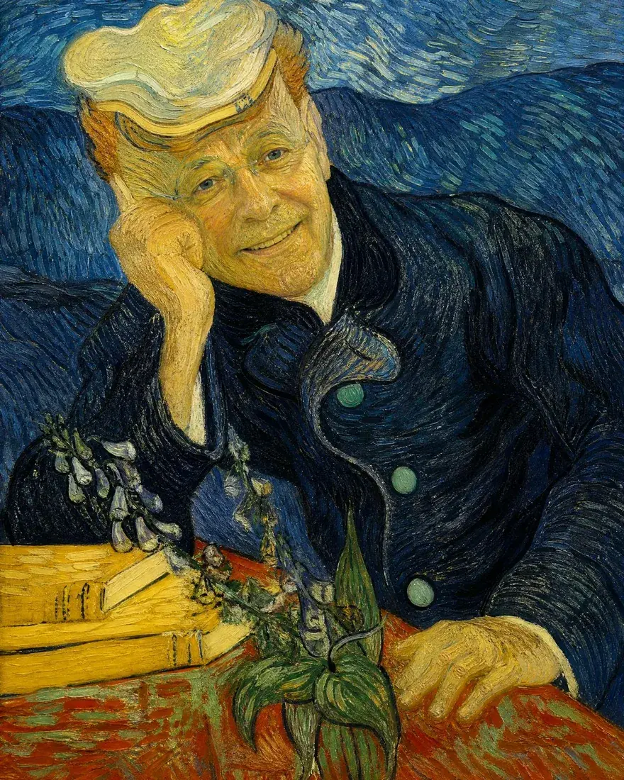A gray-haired man painted as Van Gogh's Portrait of Dr. Gachet