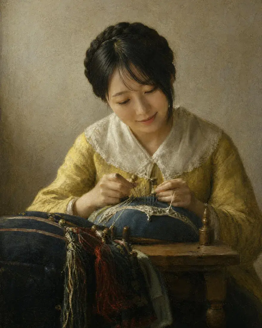 A young woman making lace, painted as Vermeer's The Lacemaker