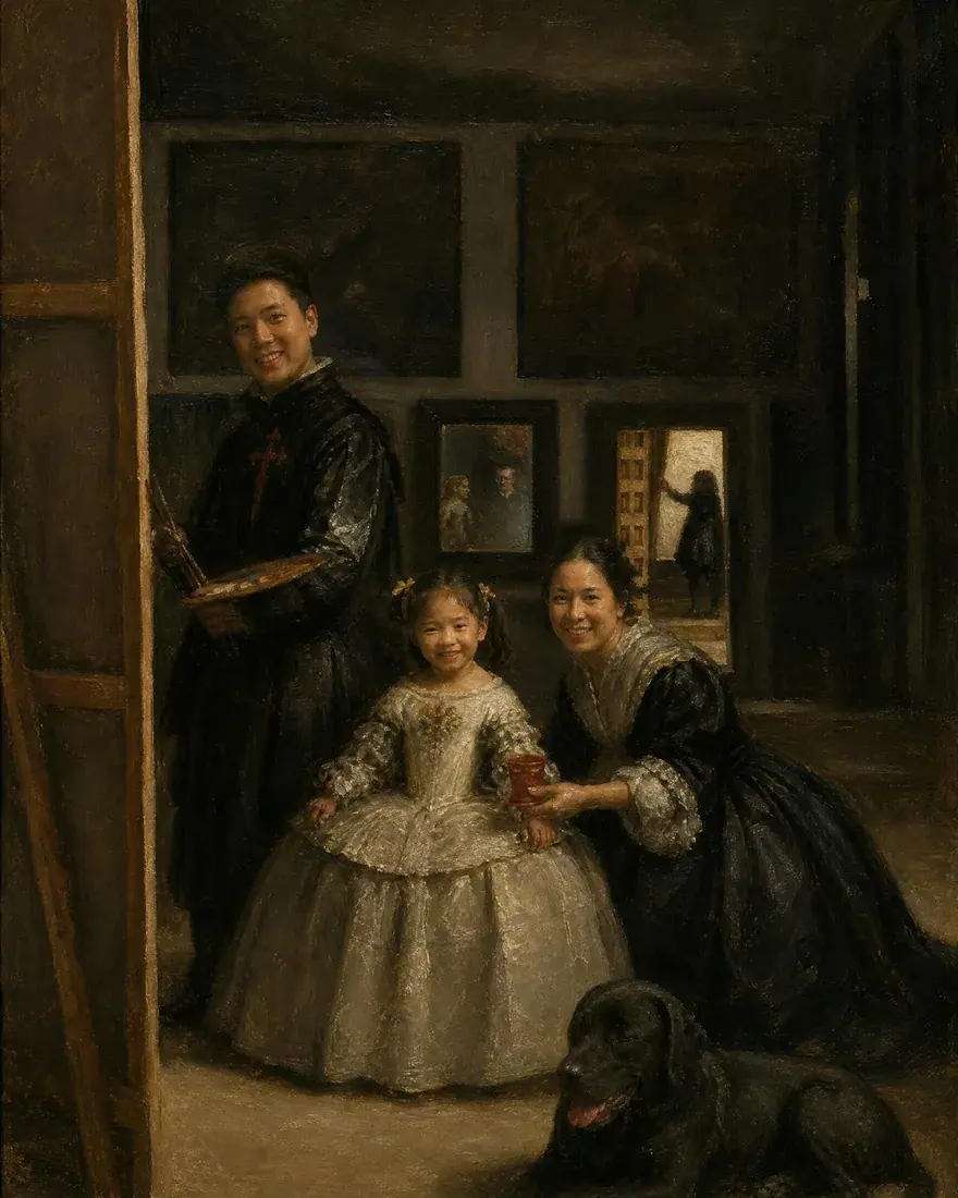 A little girl with her mom, dad and dog, painted as Las Meninas