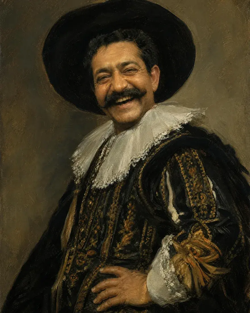 A moustached man painted as The Laughing Cavalier