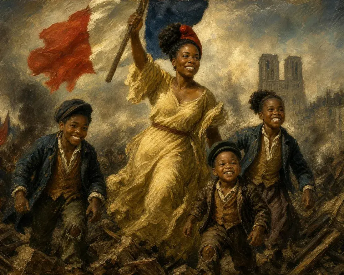 A mom leading her kids with a flag, painted as Liberty Leading the People