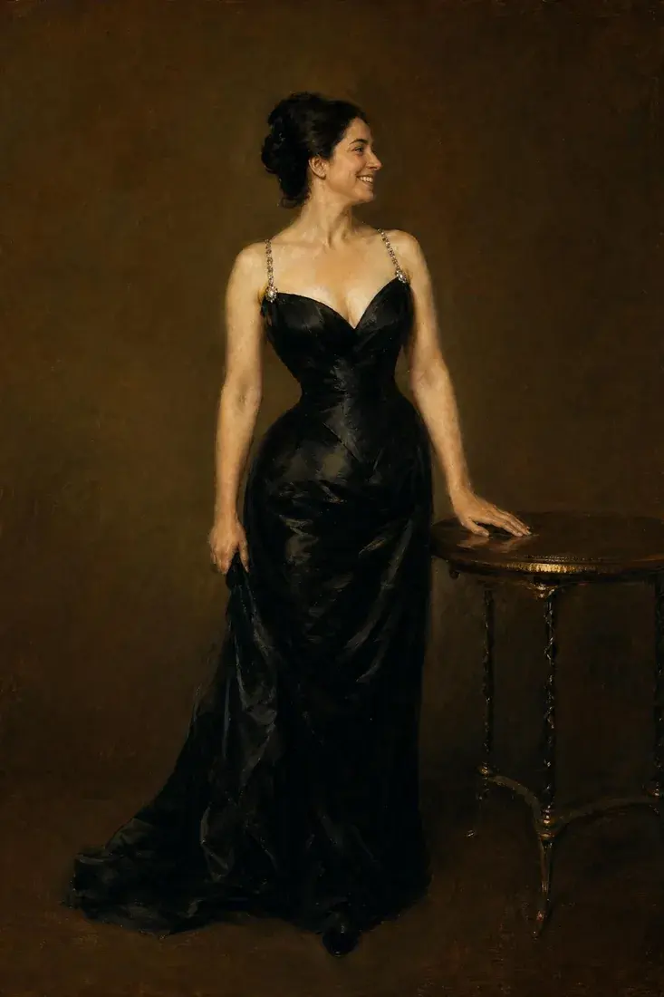 A woman in a black evening gown painted as Sargent's Madame X