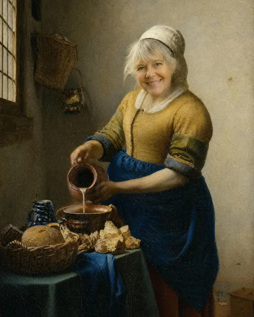 A woman pouring milk, painted as Vermeer's The Milkmaid