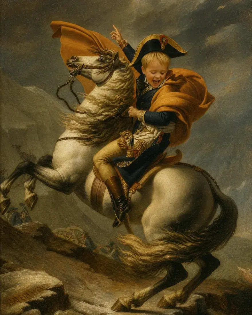 A little boy painted as Napoleon Crossing the Alps