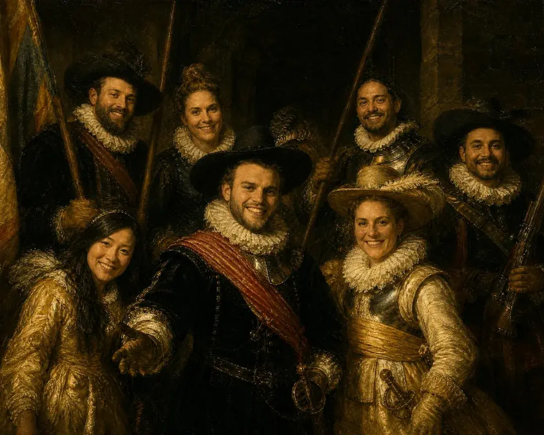 A group of friends painted as Rembrandt's The Night Watch