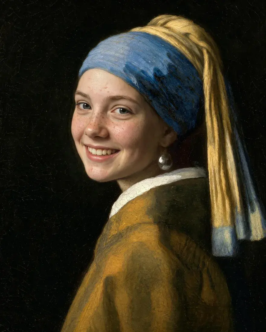 A freckled teenage girl painted as Vermeer's Girl with a Pearl Earring