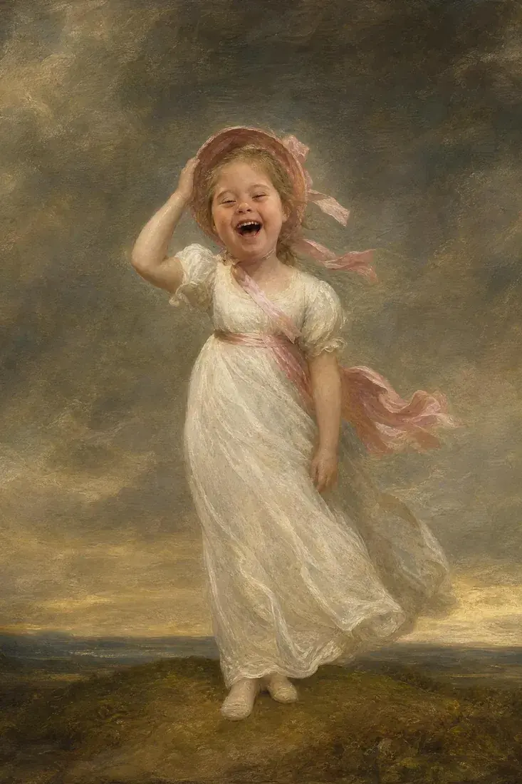 A little girl in a white dress painted as Lawrence's Pinkie