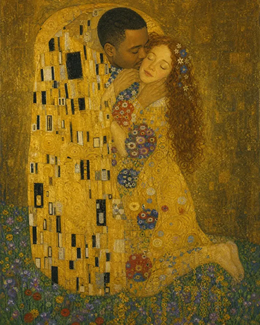 A couple embracing in gold, painted as Klimt's The Kiss