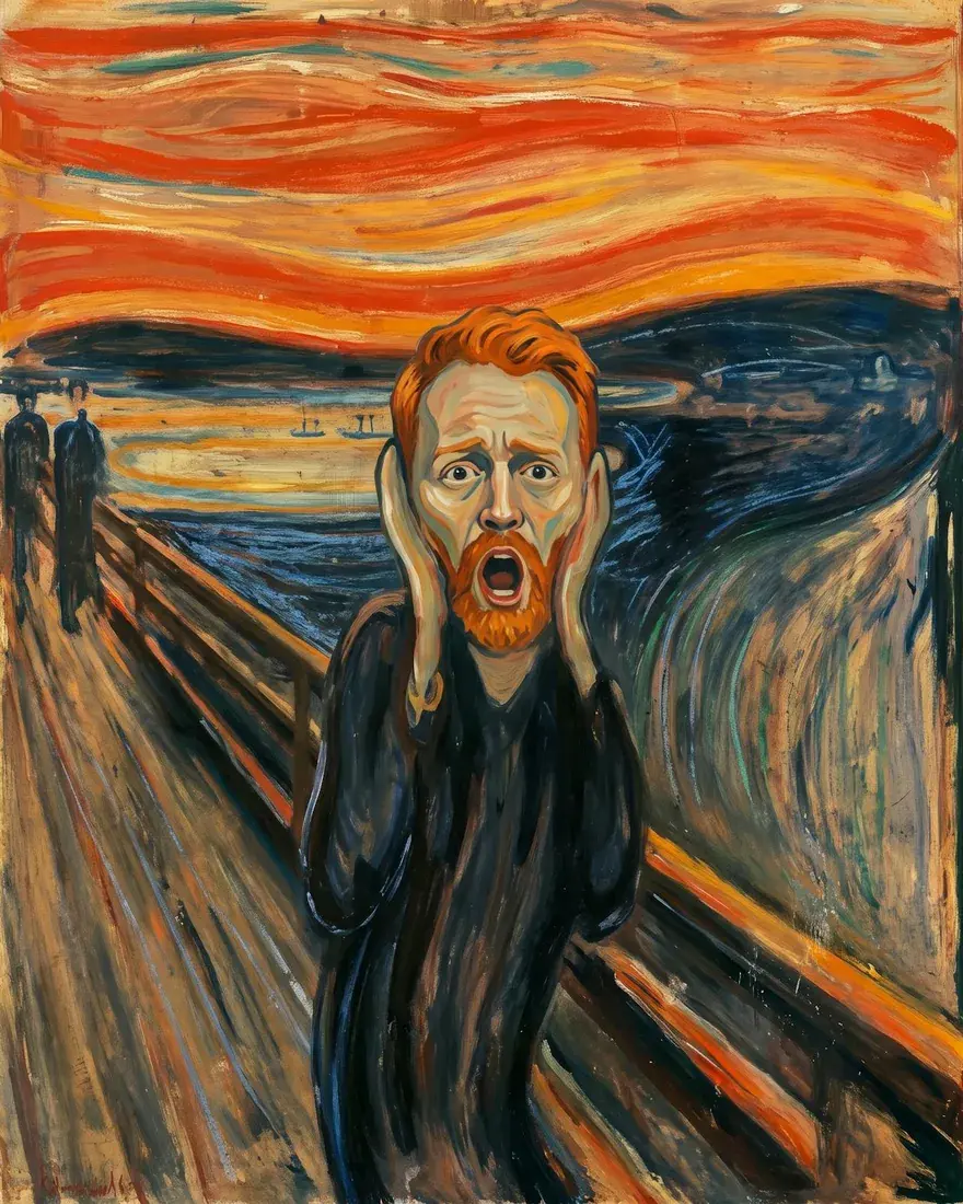 A red-haired man painted as the figure in Munch's The Scream