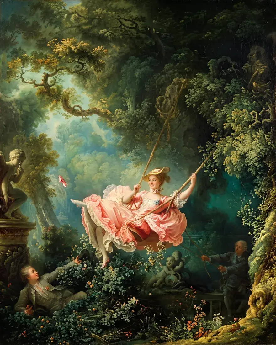 A young woman in a pink gown on a garden swing, painted as Fragonard's The Swing
