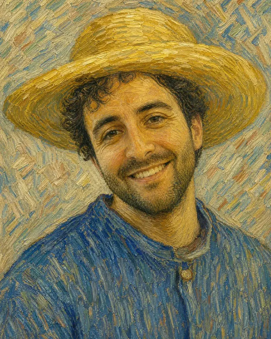 A man painted as a Van Gogh self-portrait in a straw hat