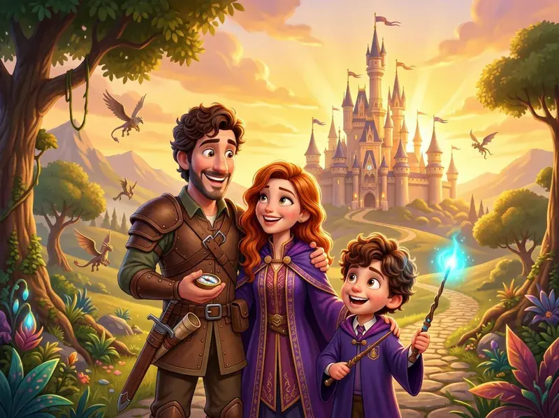 The family as wizards in front of a fairytale castle