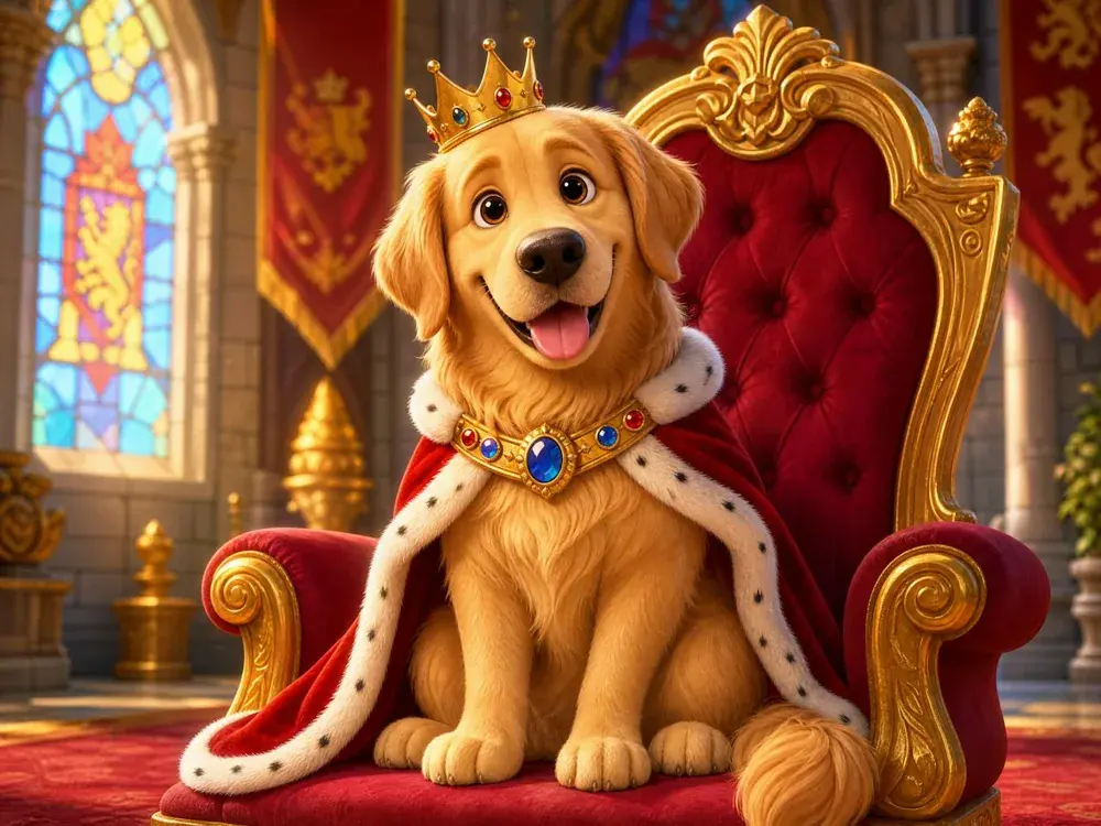A golden retriever dressed as a king on a throne