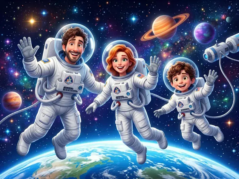 The family floating in space as astronauts