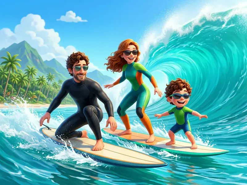 The family surfing a big ocean wave
